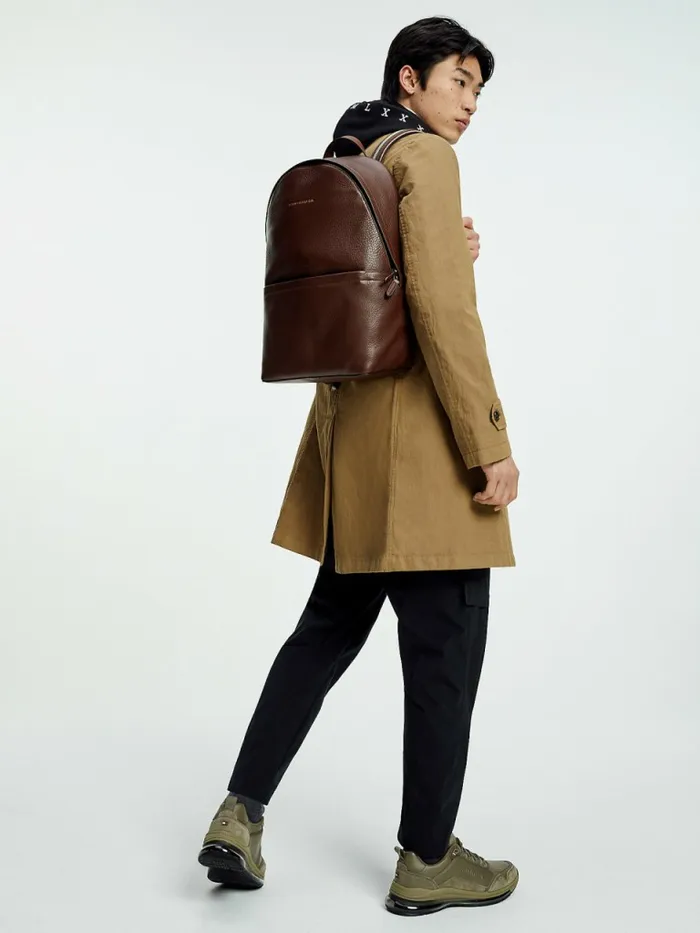 Tommy Hilfiger Casual Leather Backpack Dark Tan Mens Bags Gift Ideas