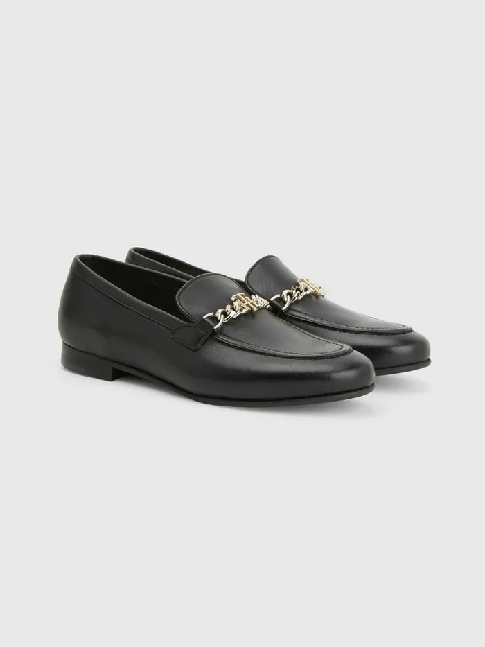 Tommy Hilfiger Chain Leather Loafers Black Womens Flat Shoes Gift 4 You