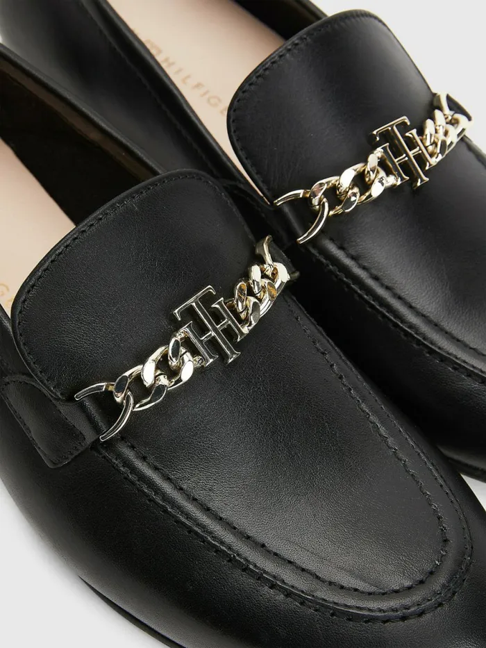Tommy Hilfiger Chain Leather Loafers Black Womens Flat Shoes Gift 4 You