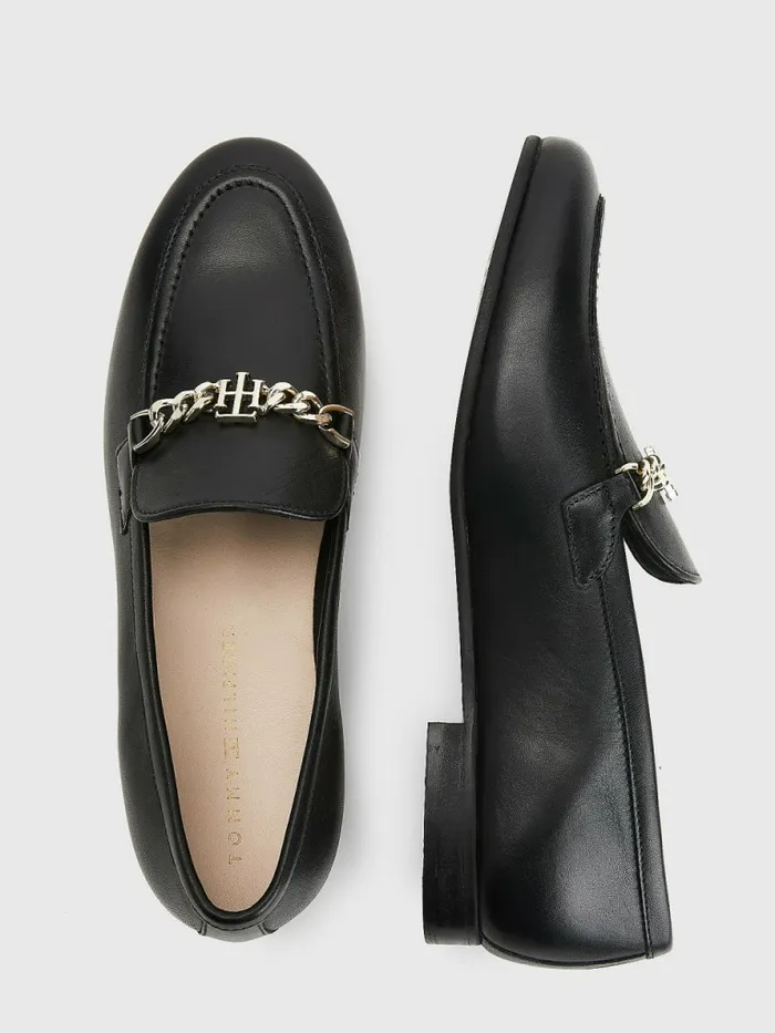 Tommy Hilfiger Chain Leather Loafers Black Womens Flat Shoes Gift 4 You