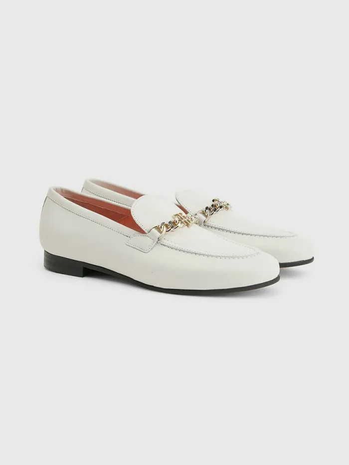 Tommy Hilfiger Chain Leather Loafers White Dove Womens Flat Shoes Casaul