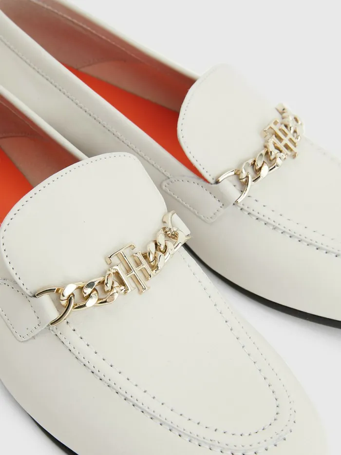 Tommy Hilfiger Chain Leather Loafers White Dove Womens Flat Shoes Casaul