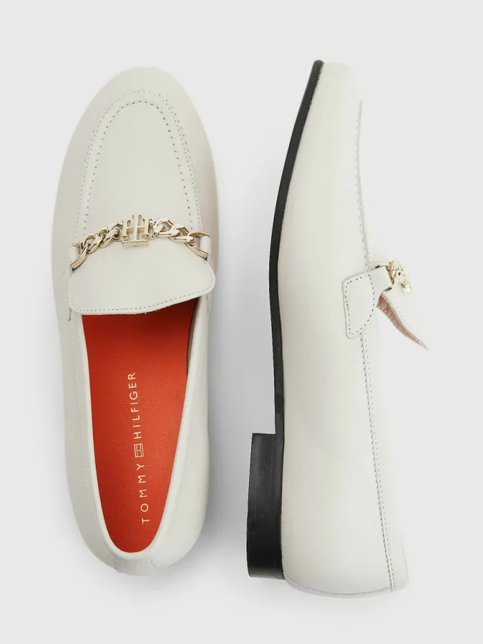 Tommy Hilfiger Chain Leather Loafers White Dove Womens Flat Shoes Casaul