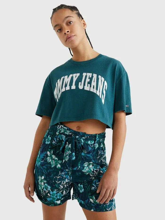 Tommy Hilfiger College Oversized Cropped TShirt Rainforest Green Womens TShirts Sale Tommy Hilfiger College Oversized Cropped TShirt Rainforest Green Womens TShirts Sale