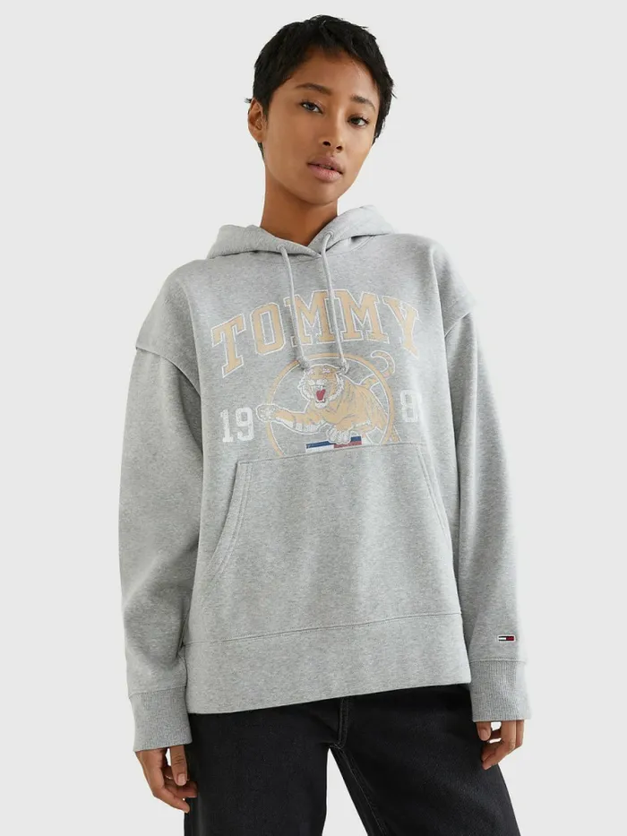 Tommy Hilfiger College Tiger Logo Relaxed Hoody Lt Grey Htr Womens Sweatshirts and Hoodies Gift for Friend Tommy Hilfiger College Tiger Logo Relaxed Hoody Lt Grey Htr Womens Sweatshirts and Hoodies Gift for Friend
