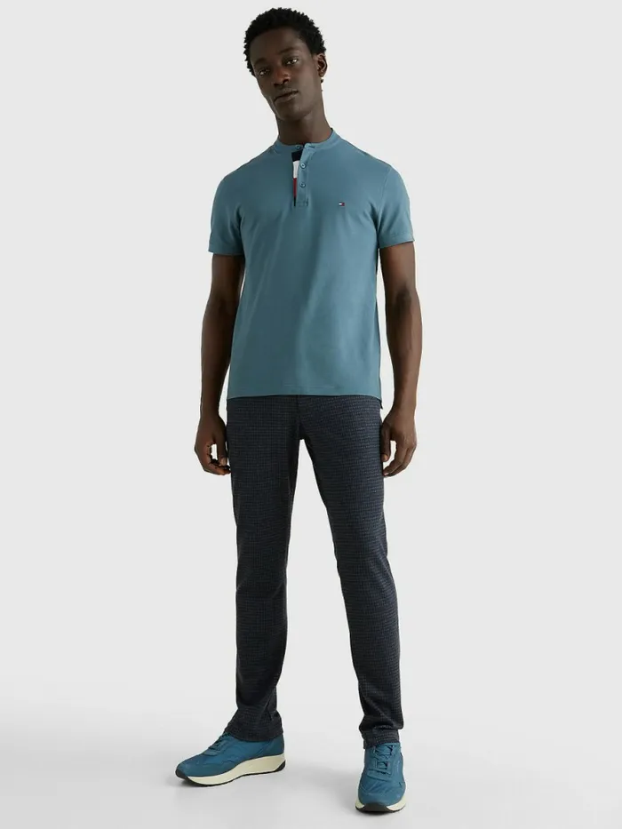 Tommy Hilfiger ColourBlocked Grandad Collar Slim Polo Mercury Marine Mens Polo Shirts Near Me