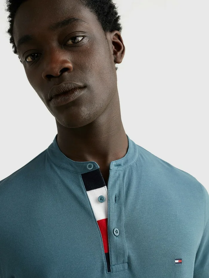 Tommy Hilfiger ColourBlocked Grandad Collar Slim Polo Mercury Marine Mens Polo Shirts Near Me