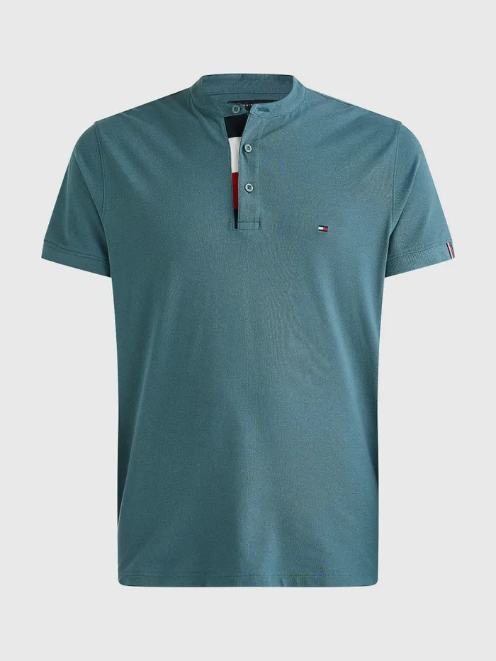 Tommy Hilfiger ColourBlocked Grandad Collar Slim Polo Mercury Marine Mens Polo Shirts Near Me
