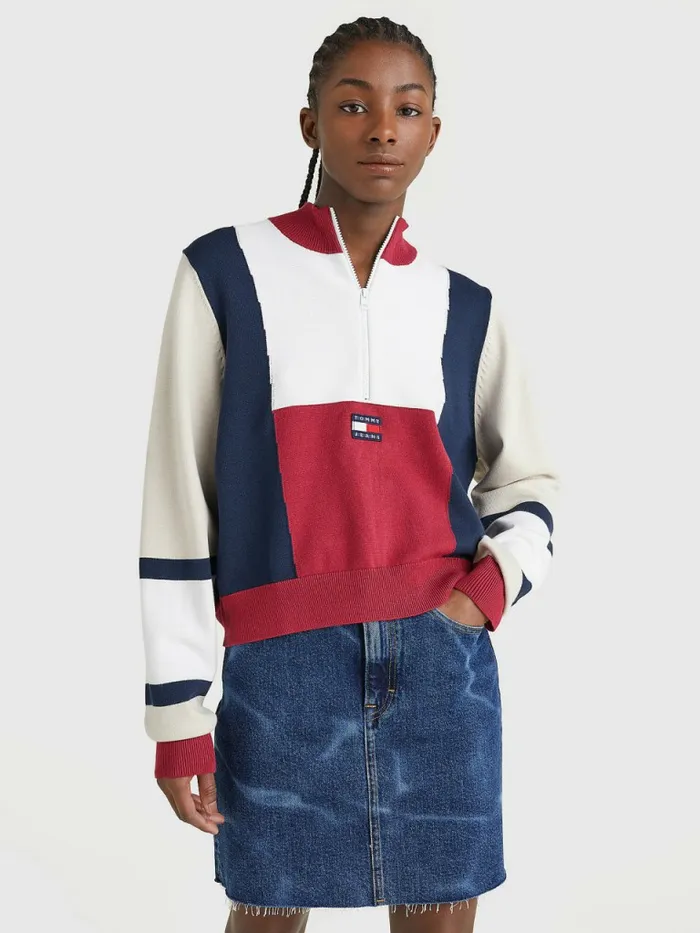Tommy Hilfiger ColourBlocked HalfZip Jumper Cranberry CrushMulti Womens Knitwear Gift 4 You Tommy Hilfiger ColourBlocked HalfZip Jumper Cranberry CrushMulti Womens Knitwear Gift 4 You