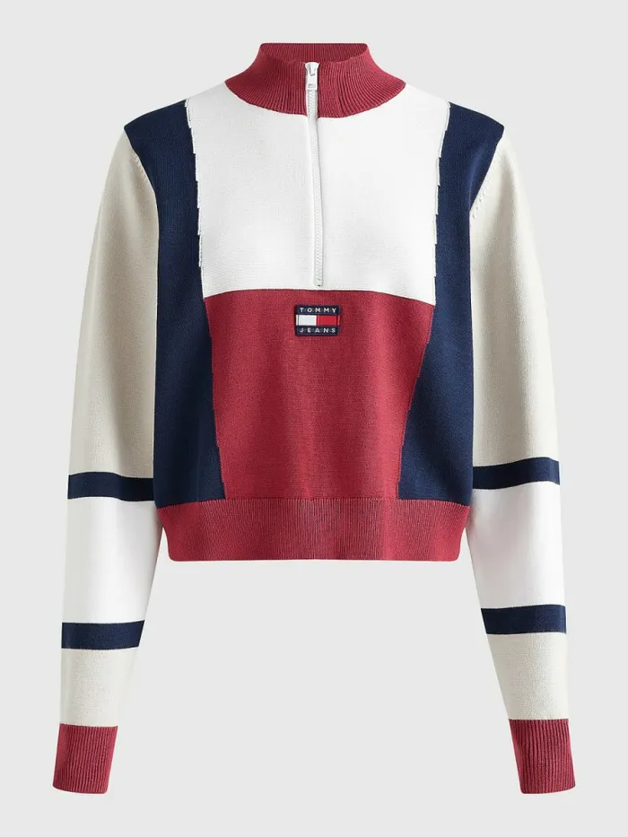 Tommy Hilfiger ColourBlocked HalfZip Jumper Cranberry CrushMulti Womens Knitwear Gift 4 You