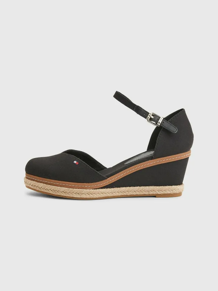 Tommy Hilfiger ColourBlocked Mid Heel Wedge Espadrille Sandals Black Womens Sandals Cheap On Sale