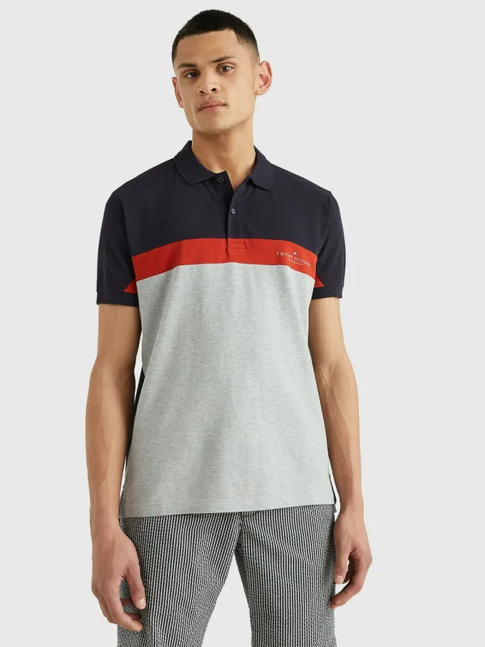 Tommy Hilfiger ColourBlocked Regular Fit Polo Desert SkyCinabar RedGrey Htr Mens Polo Shirts On Sale Tommy Hilfiger ColourBlocked Regular Fit Polo Desert SkyCinabar RedGrey Htr Mens Polo Shirts On Sale