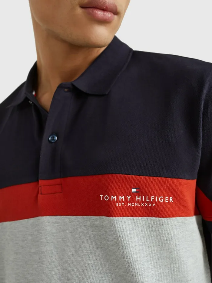 Tommy Hilfiger ColourBlocked Regular Fit Polo Desert SkyCinabar RedGrey Htr Mens Polo Shirts On Sale