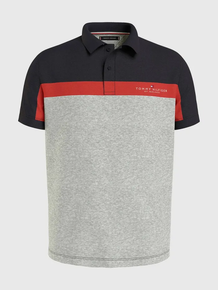 Tommy Hilfiger ColourBlocked Regular Fit Polo Desert SkyCinabar RedGrey Htr Mens Polo Shirts On Sale