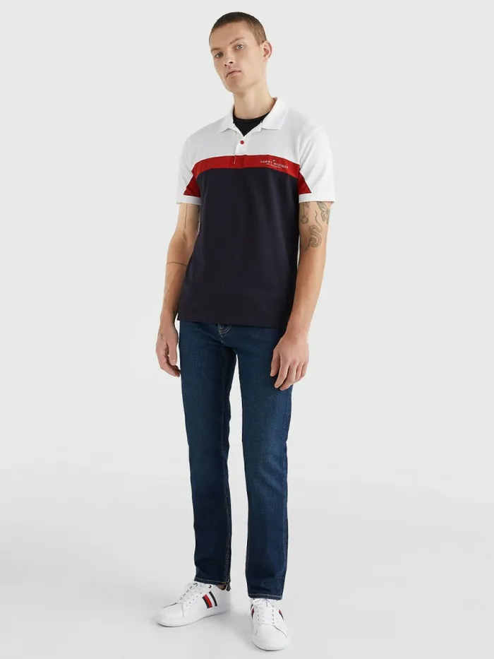 Tommy Hilfiger ColourBlocked Regular Fit Polo WhiteCinnabar RedDesert Sky Mens Polo Shirts Gift 4 You