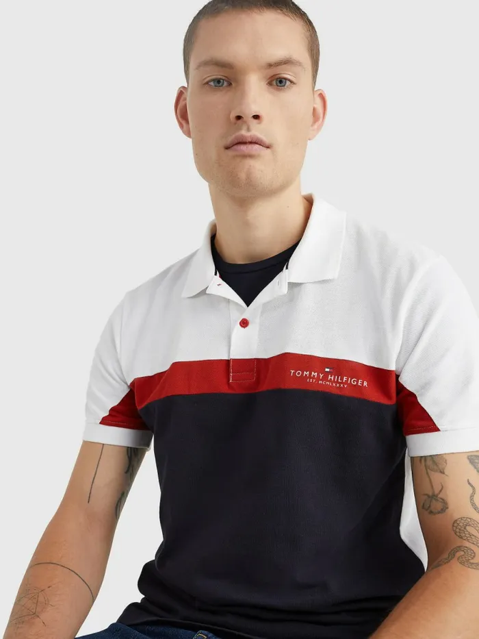 Tommy Hilfiger ColourBlocked Regular Fit Polo WhiteCinnabar RedDesert Sky Mens Polo Shirts Gift 4 You