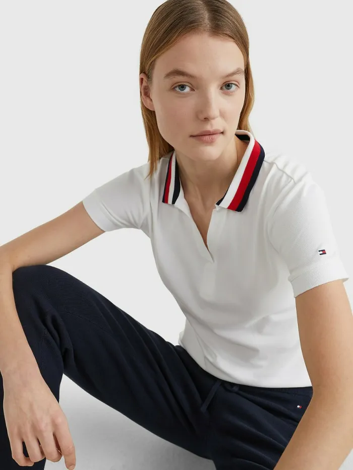 Tommy Hilfiger Contrast Collar Slim Fit Polo Top Th Optic White Womens Polo Shirts Near Me