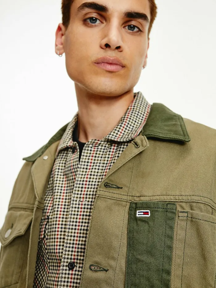 Tommy Hilfiger Contrast Denim Jacket Dark Olive Mens Coats and Jackets Cheap On Sale