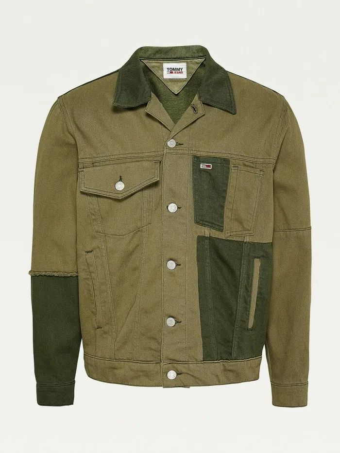 Tommy Hilfiger Contrast Denim Jacket Dark Olive Mens Coats and Jackets Cheap On Sale