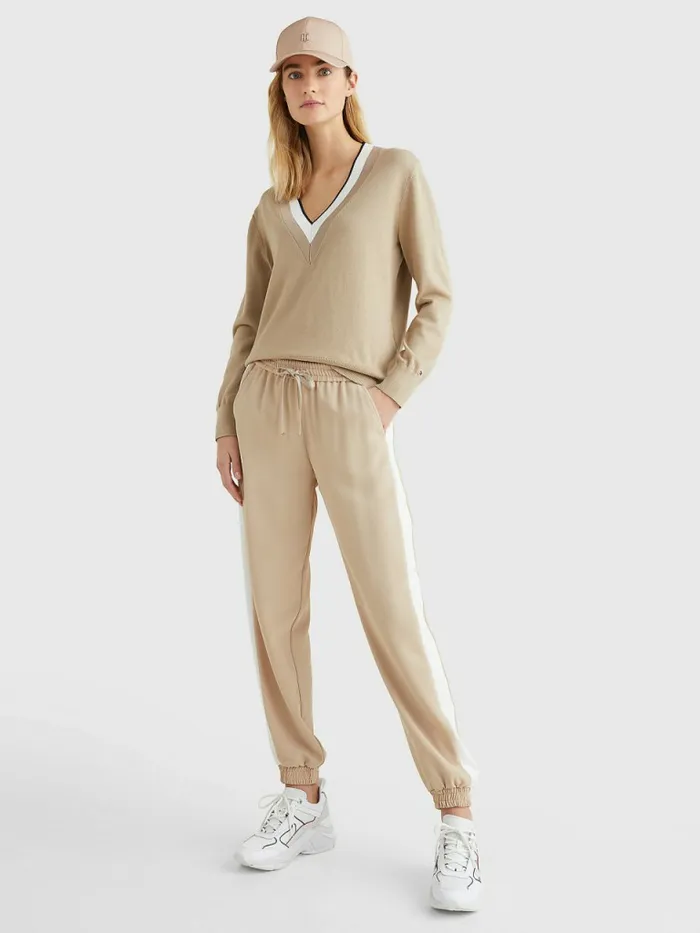 Tommy Hilfiger Contrast V Neck Jumper Beige Womens Knitwear Gift Ideas