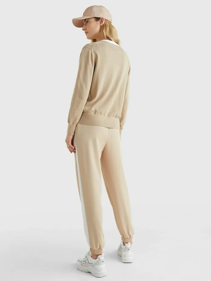 Tommy Hilfiger Contrast V Neck Jumper Beige Womens Knitwear Gift Ideas