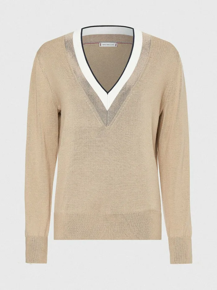 Tommy Hilfiger Contrast V Neck Jumper Beige Womens Knitwear Gift Ideas
