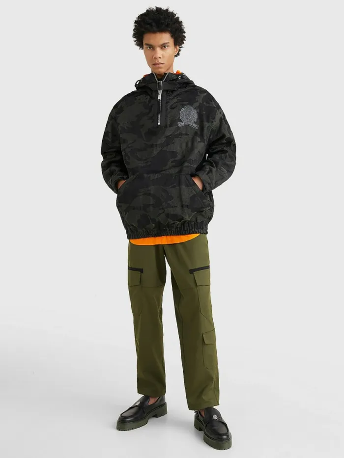 Tommy Hilfiger Crest Camo Print PullOn Hooded Jacket Black Mens Coats and Jackets Popular