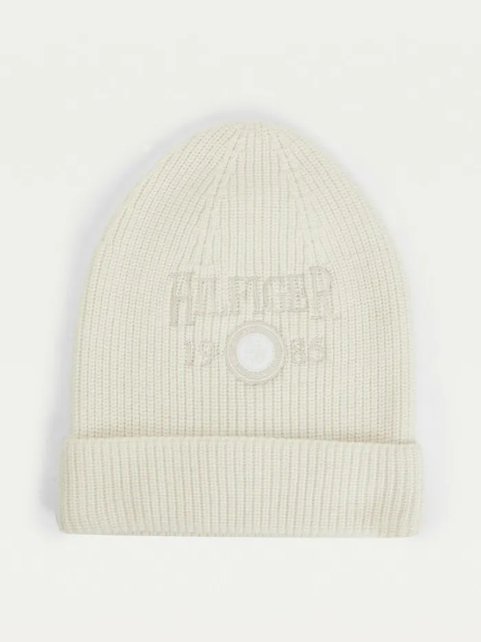 Tommy Hilfiger Crest Embroidery Beanie Ivory Mens Hats and Scarves Popular