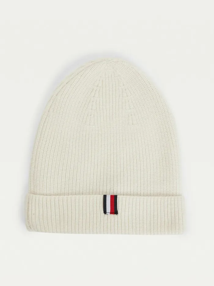 Tommy Hilfiger Crest Embroidery Beanie Ivory Mens Hats and Scarves Popular