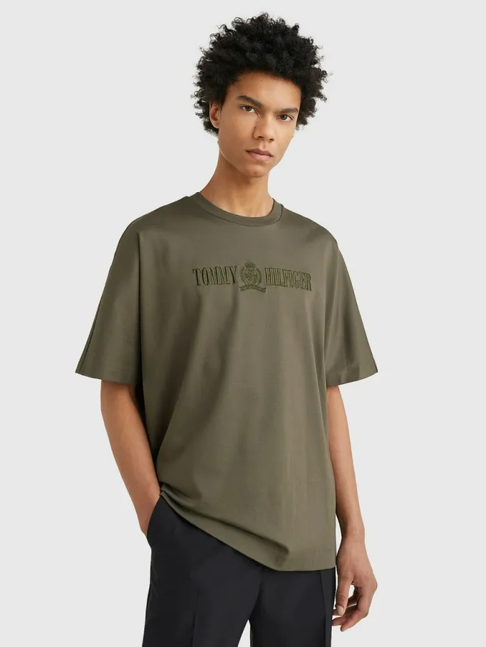 Tommy Hilfiger Crest Embroidery Organic Cotton TShirt Army Green Mens TShirts Casaul Tommy Hilfiger Crest Embroidery Organic Cotton TShirt Army Green Mens TShirts Casaul