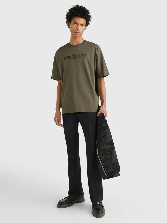 Tommy Hilfiger Crest Embroidery Organic Cotton TShirt Army Green Mens TShirts Casaul