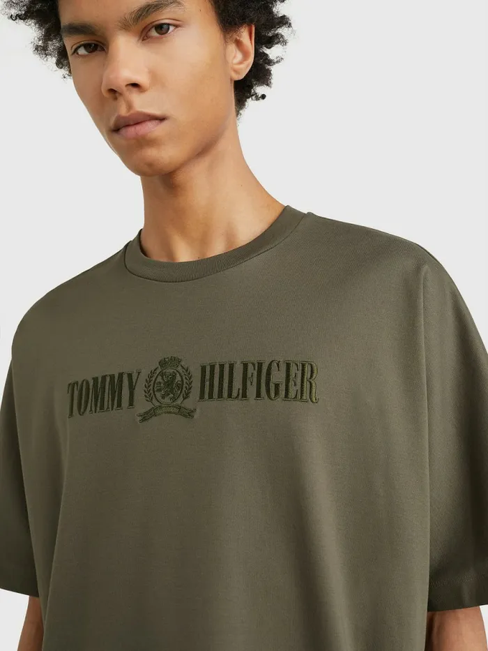 Tommy Hilfiger Crest Embroidery Organic Cotton TShirt Army Green Mens TShirts Casaul