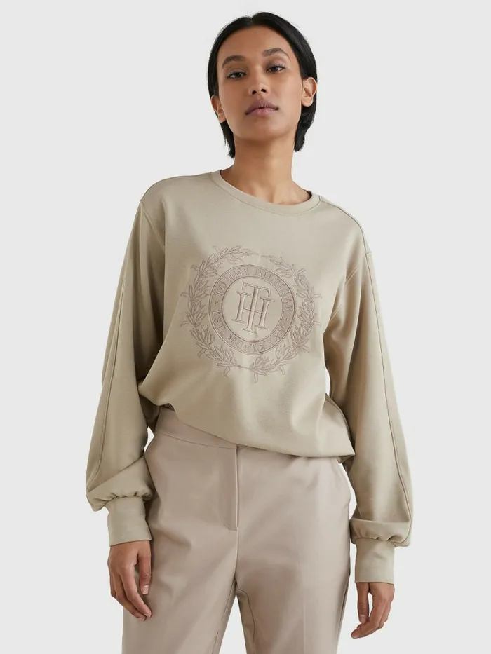 Tommy Hilfiger Crest Embroidery Relaxed Fit Sweatshirt Beige Womens Sweatshirts and Hoodies For Sale Tommy Hilfiger Crest Embroidery Relaxed Fit Sweatshirt Beige Womens Sweatshirts and Hoodies For Sale