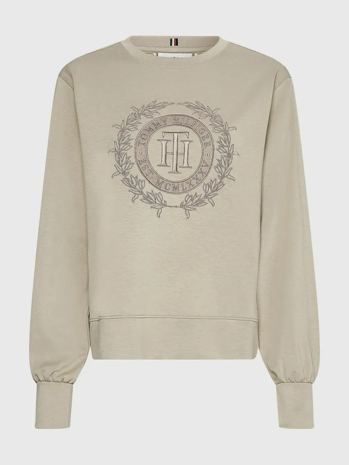 Tommy Hilfiger Crest Embroidery Relaxed Fit Sweatshirt Beige Womens Sweatshirts and Hoodies For Sale