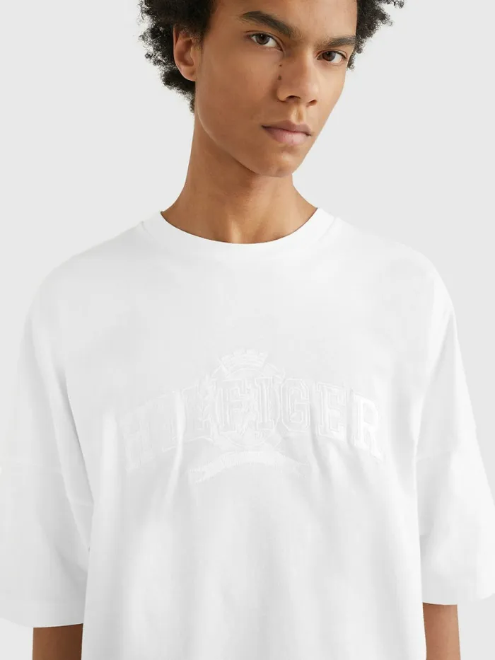 Tommy Hilfiger Crest Organic Cotton Varsity TShirt Optic White Mens TShirts Gift Ideas