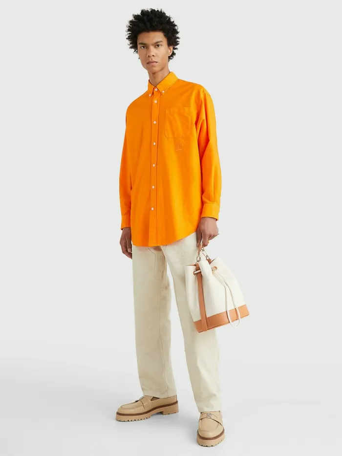 Tommy Hilfiger Crest Pure Cotton Oxford Shirt Hawaiian Orange Mens Shirts For Sale