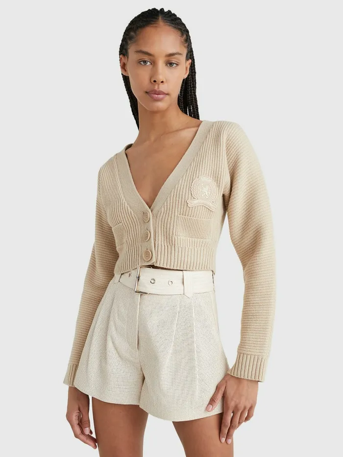 Tommy Hilfiger Crest Relaxed Wool Cashmere Cardigan Beige Stone Womens Knitwear Gift Ideas