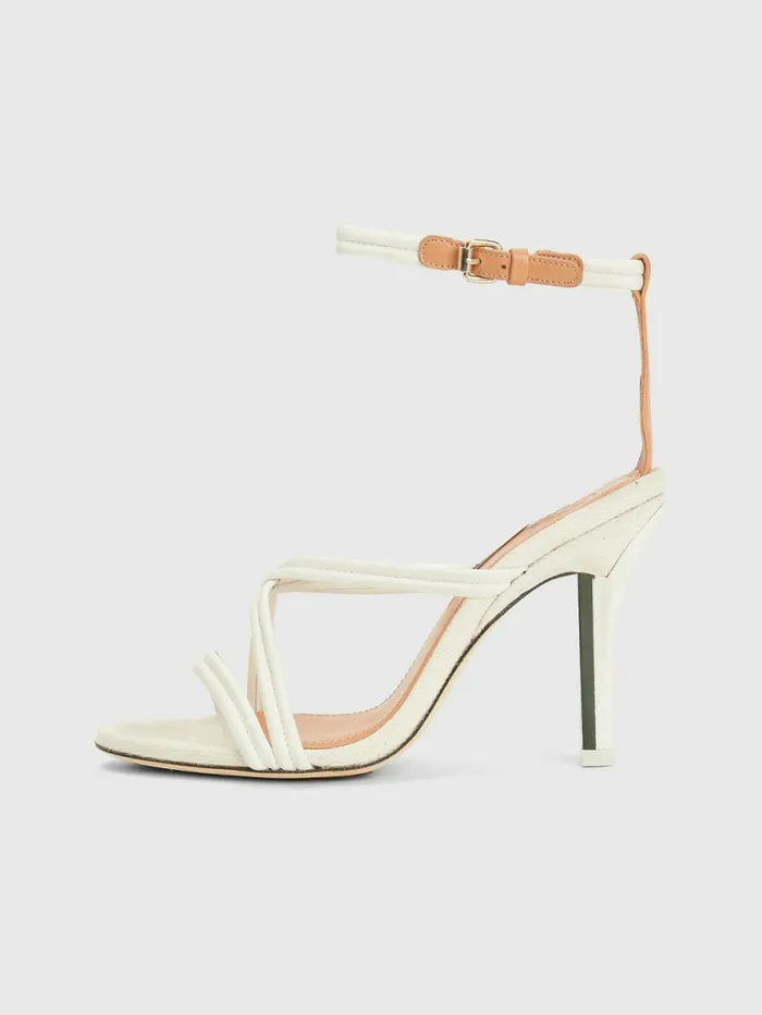 Tommy Hilfiger Crest Strap High Heel Leather Sandals Ecru Womens Sandals Gift Ideas
