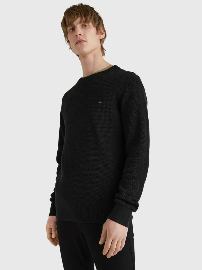 Tommy Hilfiger Crew Neck Jumper Black Mens Knitwear Cheap On Sale