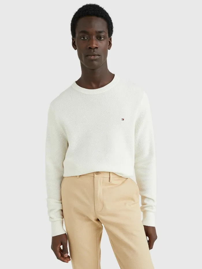 Tommy Hilfiger Crew Neck Jumper Ivory Mens Knitwear Gift for Friend