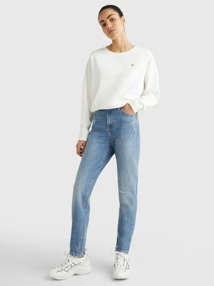 Tommy Hilfiger Crew Neck Relaxed Fit Sweatshirt Ecru Womens Sweatshirts and Hoodies For Sale