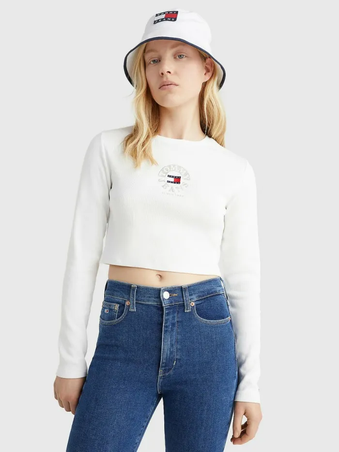 Tommy Hilfiger Cropped Logo Embroidery Long Sleeve TShirt Ecru Womens TShirts Gift Ideas Tommy Hilfiger Cropped Logo Embroidery Long Sleeve TShirt Ecru Womens TShirts Gift Ideas