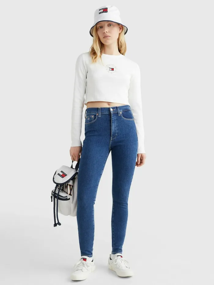 Tommy Hilfiger Cropped Logo Embroidery Long Sleeve TShirt Ecru Womens TShirts Gift Ideas