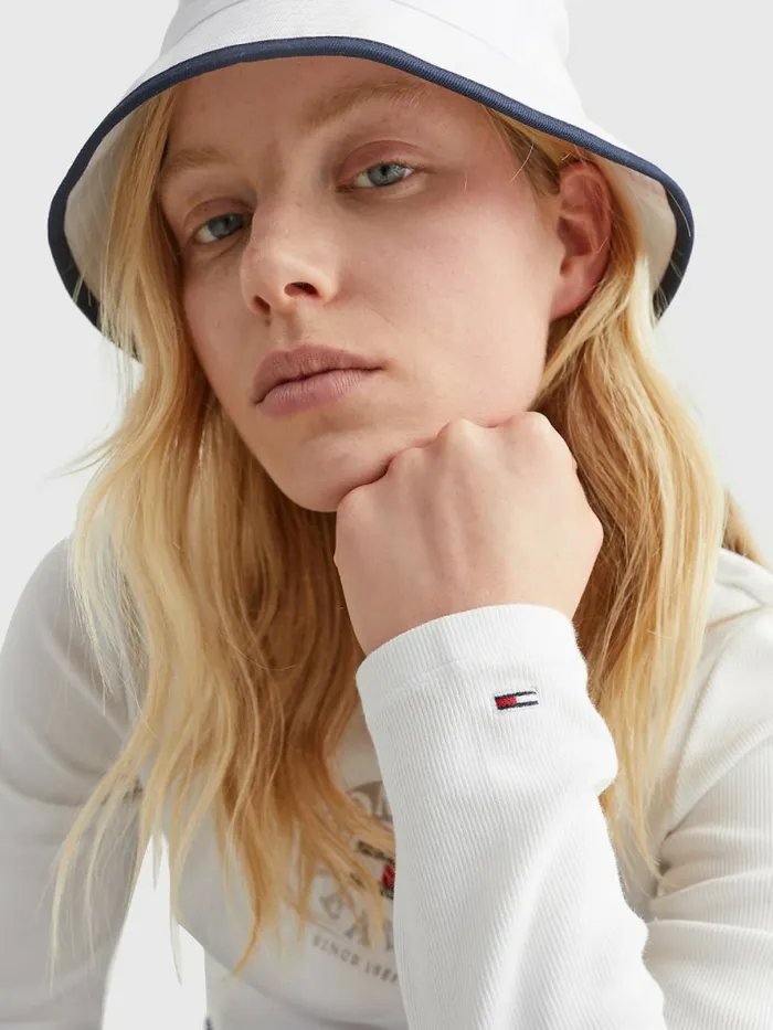 Tommy Hilfiger Cropped Logo Embroidery Long Sleeve TShirt Ecru Womens TShirts Gift Ideas
