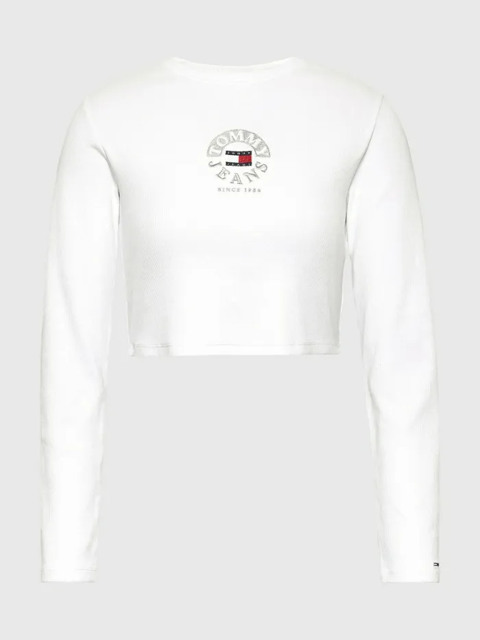 Tommy Hilfiger Cropped Logo Embroidery Long Sleeve TShirt Ecru Womens TShirts Gift Ideas