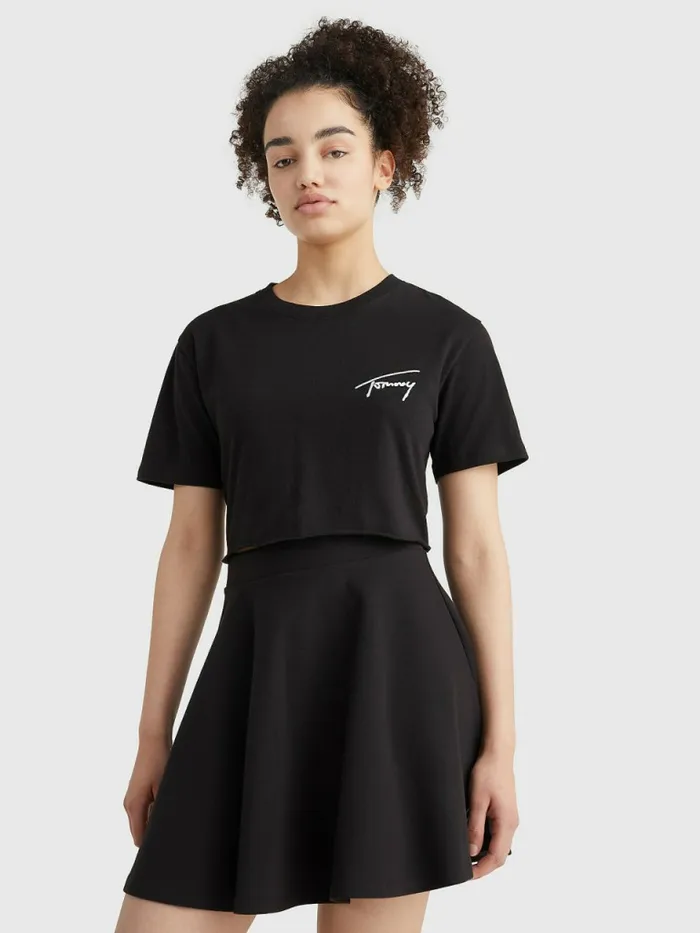 Tommy Hilfiger Cropped Signature Logo TShirt Black Womens TShirts Gift Ideas