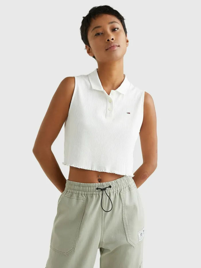 Tommy Hilfiger Cropped Sleeveless Rib Polo Ecru Womens Polo Shirts Gift 4 You