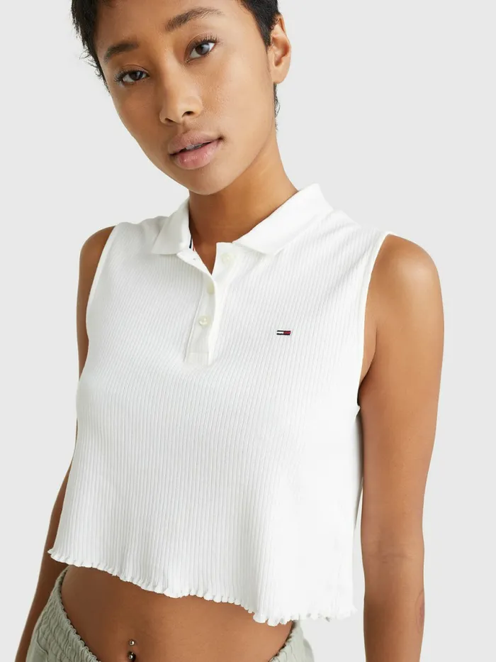 Tommy Hilfiger Cropped Sleeveless Rib Polo Ecru Womens Polo Shirts Gift 4 You