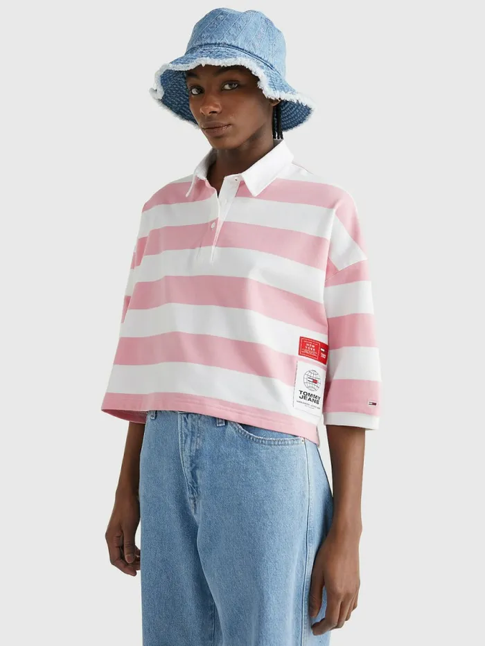 Tommy Hilfiger Cropped Stripe Rugby Polo Fresh PinkMulti Womens Polo Shirts Cheap On Sale Tommy Hilfiger Cropped Stripe Rugby Polo Fresh PinkMulti Womens Polo Shirts Cheap On Sale