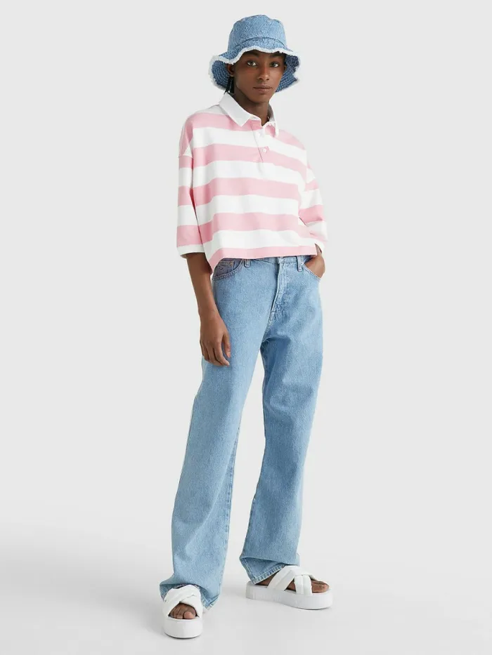 Tommy Hilfiger Cropped Stripe Rugby Polo Fresh PinkMulti Womens Polo Shirts Cheap On Sale